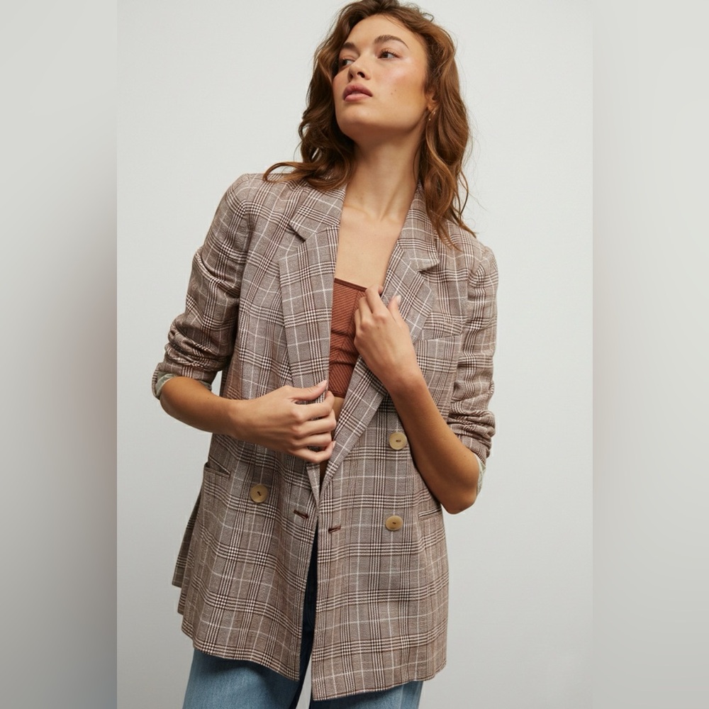 Anthropologie Plaid Double-Breasted Blazer in Brown and Cream